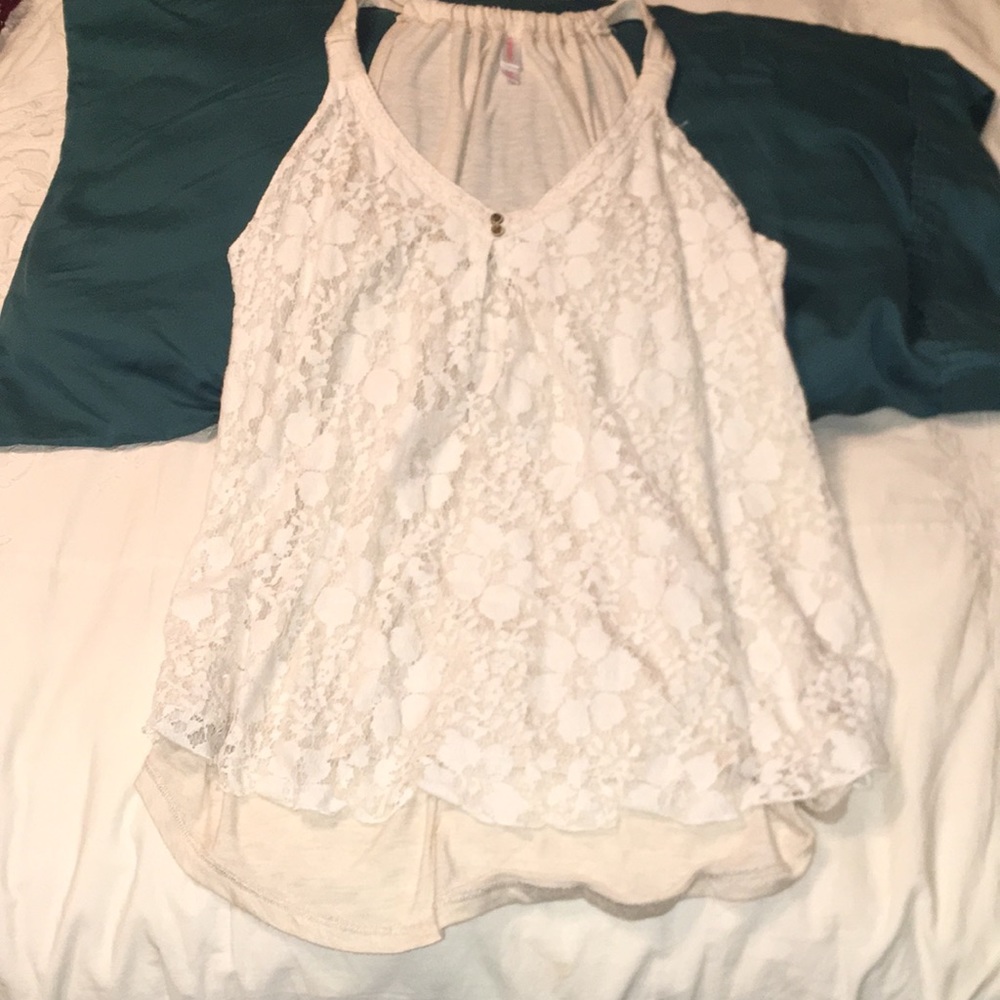 cream lace tank top with 2 brown buttons